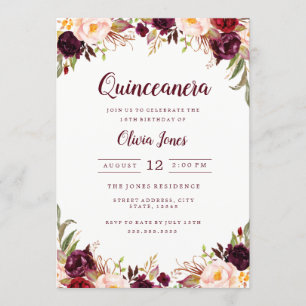 Bourgondische bloemige Quinceanera uitnodiging