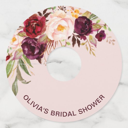 Bourgondische bloemige roze bruidsdouche wijnglaslabel (Voorkant)
