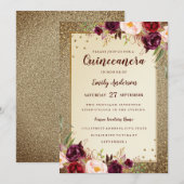 Bourgondische bloemige Sparkle Gold Quinceanera In Kaart (Voorkant / Achterkant)