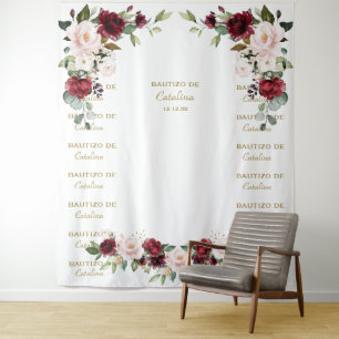 Bourgondische bloemige Step & Repeat Bautizo achte Wandkleed