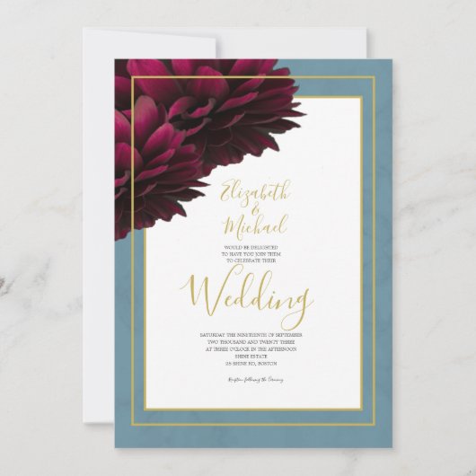 Bourgondische bloemige stoffige blauwe gouden eleg kaart (Voorkant)