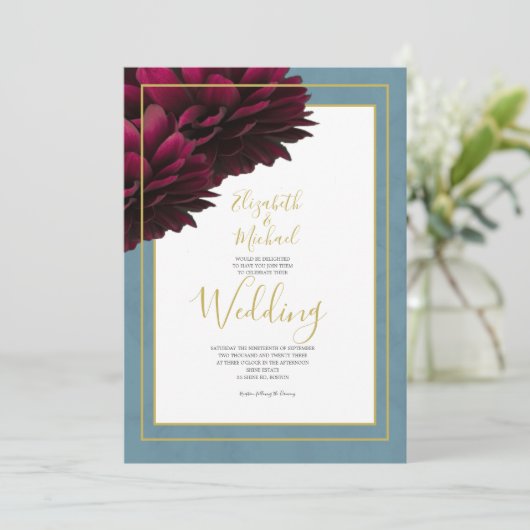 Bourgondische bloemige stoffige blauwe gouden eleg kaart (Staand voorkant)