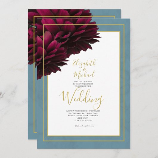 Bourgondische bloemige stoffige blauwe gouden eleg kaart (Voorkant / Achterkant)