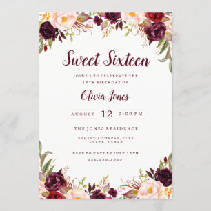 Bourgondische bloemige Sweet Sixteen uitnodiging