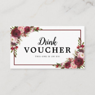 Bourgondische bloemige trouw gratis drank voucher visitekaartje