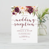 Bourgondische bloemige trouwreceptie uitnodiging (Staand voorkant)