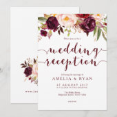 Bourgondische bloemige trouwreceptie uitnodiging (Voorkant / Achterkant)