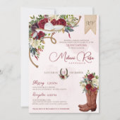 Bourgondische Bloemige Westerse Charro Quinceanera Kaart (Voorkant)