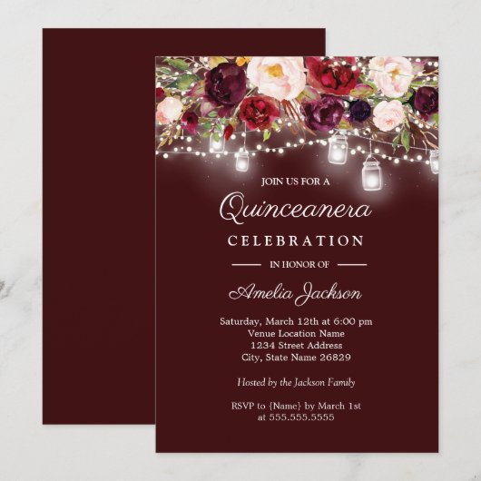 Bourgondische bloemlichten 15e Quinceanera uitnodi Kaart (Voorkant / Achterkant)