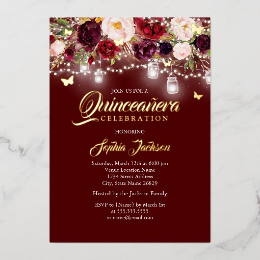 Bourgondische bloemlichten Quinceanera Folie Uitnodiging (Voorkant)