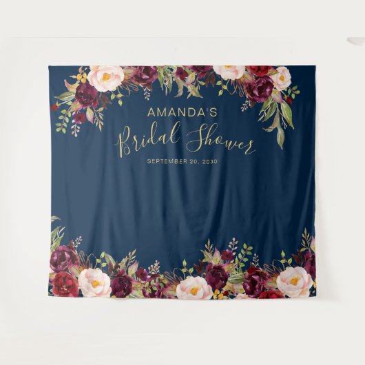 Bourgondische bloemnavy bruiloft Photo Booth Wandkleed (Voorkant (horizontaal))
