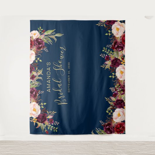 Bourgondische bloemnavy bruiloft Photo Booth Wandkleed (Voorkant)