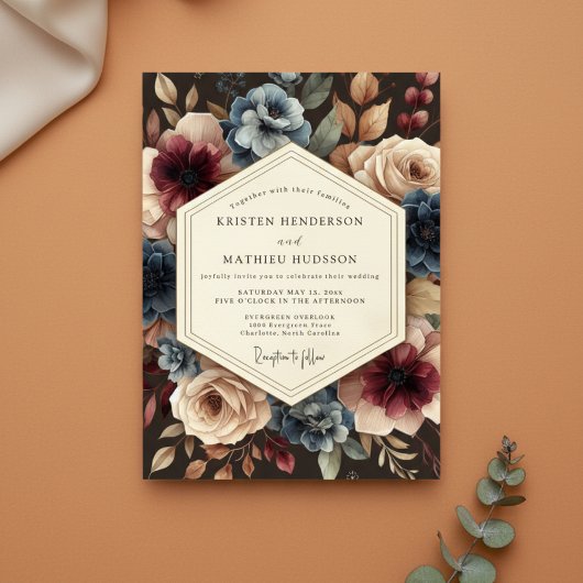Bourgondische bloemrijke bosromance bruiloft kaart