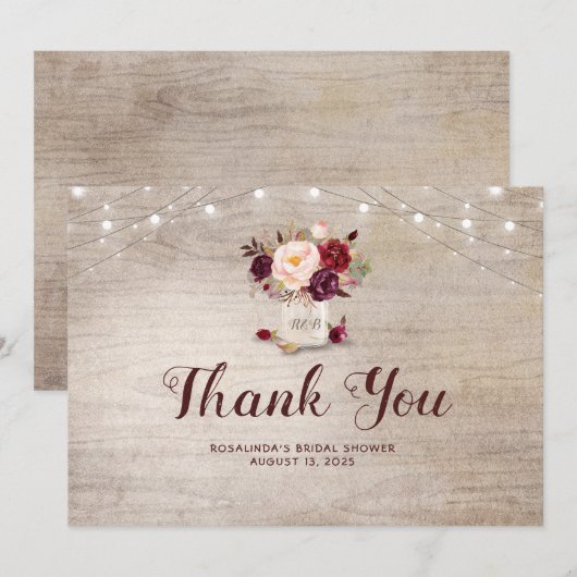 Bourgondische bloemrijke bruids-shower bedankkaart (Voorkant / Achterkant)
