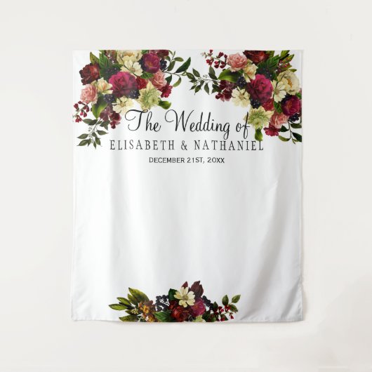 Bourgondische bloemrijke chic trouwfoto booth acht wandkleed (Voorkant)