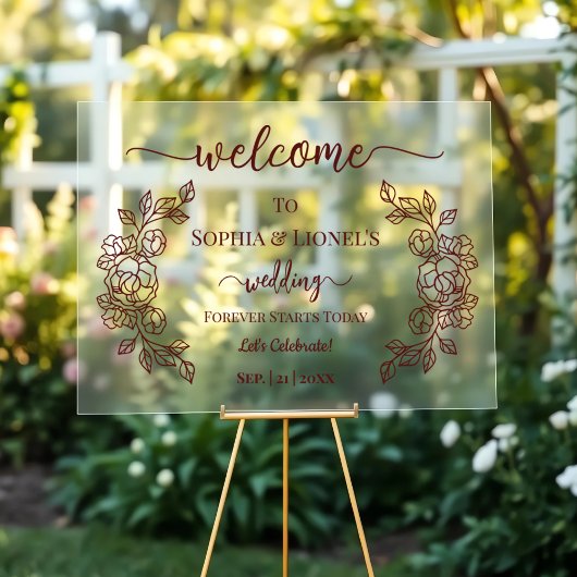Bourgondische Bloemrijke Elegante Trouw Welkom Acryl Bord