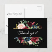Bourgondische bloemrijke elegante waterverf bedank briefkaart (Voorkant / Achterkant)