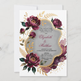 Bourgondische Bloemrijke Gouden Luxe Trouwfeest Kaart