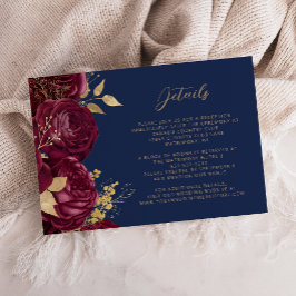 Bourgondische bloemrijke gouden script Navy Trouwd Informatiekaartje