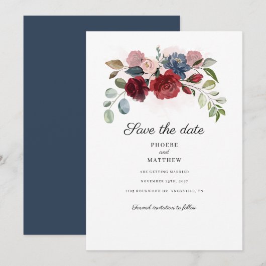 Bourgondische bloemrijke groene Navy Save The Date (Voorkant / Achterkant)