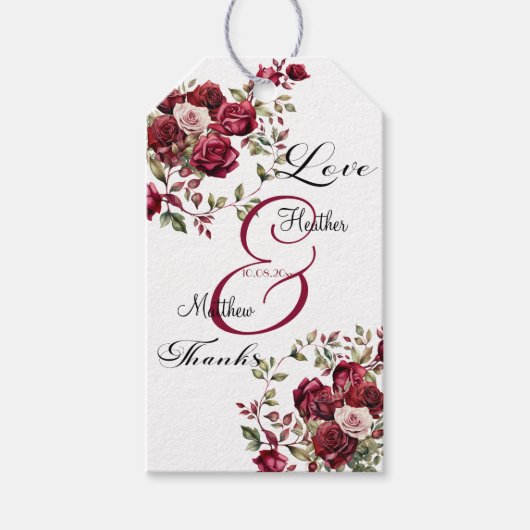 Bourgondische Bloemrijke Moderne Scriptie Bruiloft Cadeaulabel (Voorkant)
