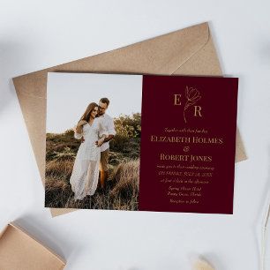 Bourgondische Bloemrijke Monogram Foto Save the Da Kaart