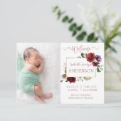 Bourgondische bloemrijke roze gouden geboortekaart aankondiging (Staand voorkant)