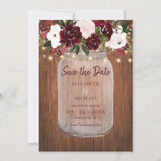 Bourgondische Bloemrijke Rustieke Houten Trouw Sav Save The Date (Voorkant)