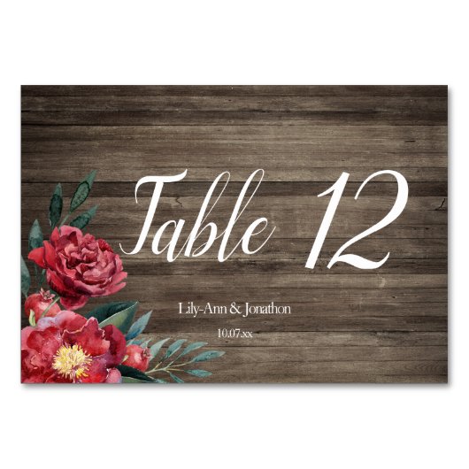 Bourgondische Bloemrijke Rustieke Houten Trouwtafe Kaart (Voorkant)