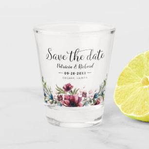 Bourgondische bloemrijke rustieke 'Save the Date'- Shot Glas