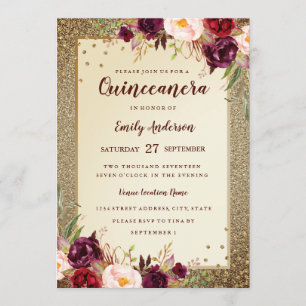 Bourgondische bloemrijke Sparkle Gold Quinceanera  Kaart