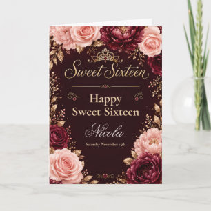 Bourgondische bloemrijke Sweet Sixteen Kaart