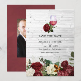 Bourgondische bloemrijke wijnproeverij trouwfoto save the date