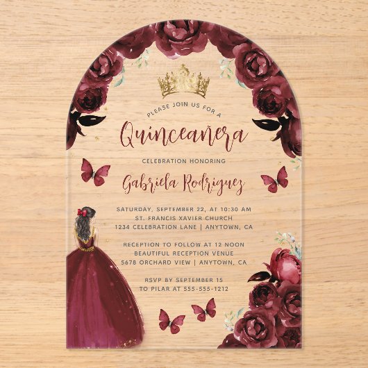 Bourgondische bloemrozen waterverf Quinceañera Acryl Uitnodigingen (Voorkant)