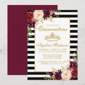 Bourgondische bloemstrepen Quinceanera gouden kroo Kaart (Voorkant / Achterkant)