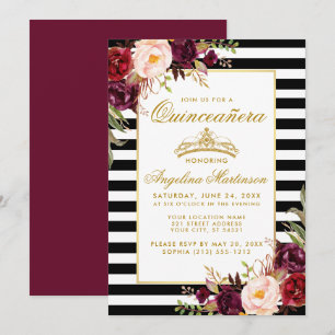 Bourgondische bloemstrepen Quinceanera gouden kroo Kaart