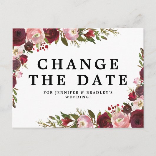 Bourgondische bloesem Verander de datum Aankondigingskaart (Voorkant)