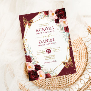 Bourgondische bloesem vlinder geometrische bruilof kaart