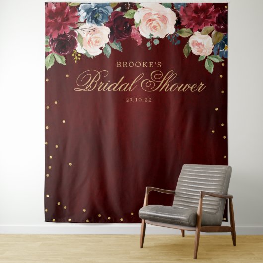 Bourgondische Blos Bloemige Bruiloftsfotobackdrop Wandkleed (In situ)