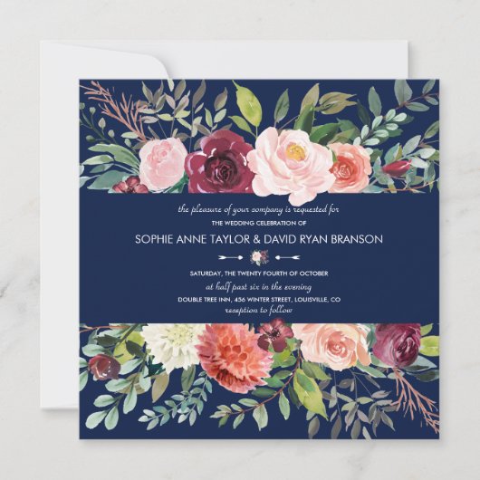 Bourgondische Blos Bloemstuk Donkerblauwe Huwelijk Kaart (Voorkant)