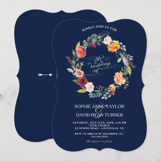 Bourgondische Blos Bloemstuk Donkerblauwe Huwelijk Kaart (Voorkant / Achterkant)