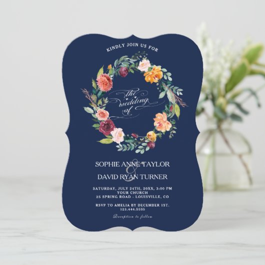 Bourgondische Blos Bloemstuk Donkerblauwe Huwelijk Kaart (Staand voorkant)
