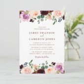 Bourgondische blos & paarse herfst bloemenbruiloft kaart (Staand voorkant)