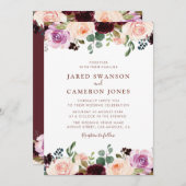 Bourgondische blos & paarse herfst bloemenbruiloft kaart (Voorkant / Achterkant)