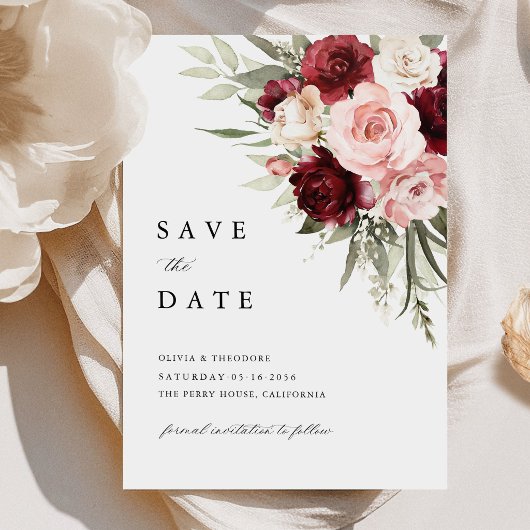 Bourgondische Blos Roze Bloem Roos Bruiloft Save The Date