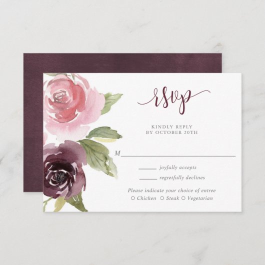 Bourgondische blos roze bloemenbruiloftsfeest wate informatiekaartje (Voorkant / Achterkant)