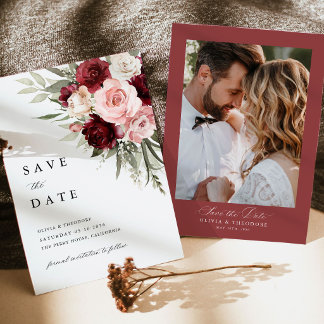 Bourgondische Blos Roze Bloemige Trouwfoto Save The Date