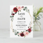 Bourgondische Blosserige Moderne Geometrische Trou Save The Date (Staand voorkant)