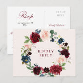 Bourgondische blozen bloemenbruiloft RSVP Briefkaart (Voorkant / Achterkant)