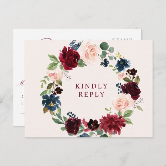 Bourgondische blozen bloemenbruiloft RSVP Briefkaart (Voorkant / Achterkant)